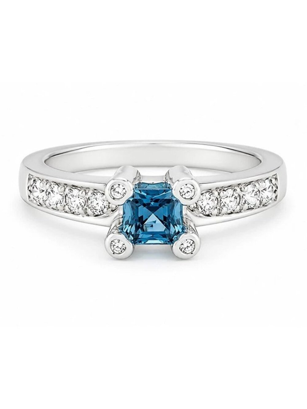 Natural 0.45 Cts Blue Zircon & Diamonds Ring 14k White Gold